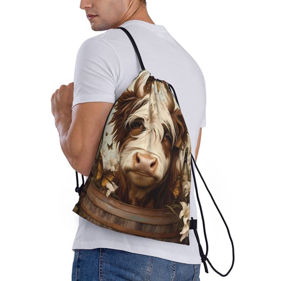 Horeoi Butterfly Cow Barrel Print Drawstring Bags for Gym Sports Yoga Travel Lightweight Foldable Sackpack for Men Women Teens