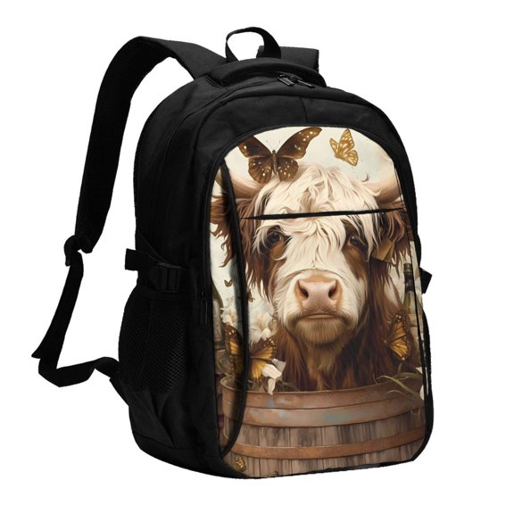 Horeoi Butterfly Cow Barrel Print USB Backpack for Travel School Work with Laptop Compartment Charging Port and Anti-Theft Pocket