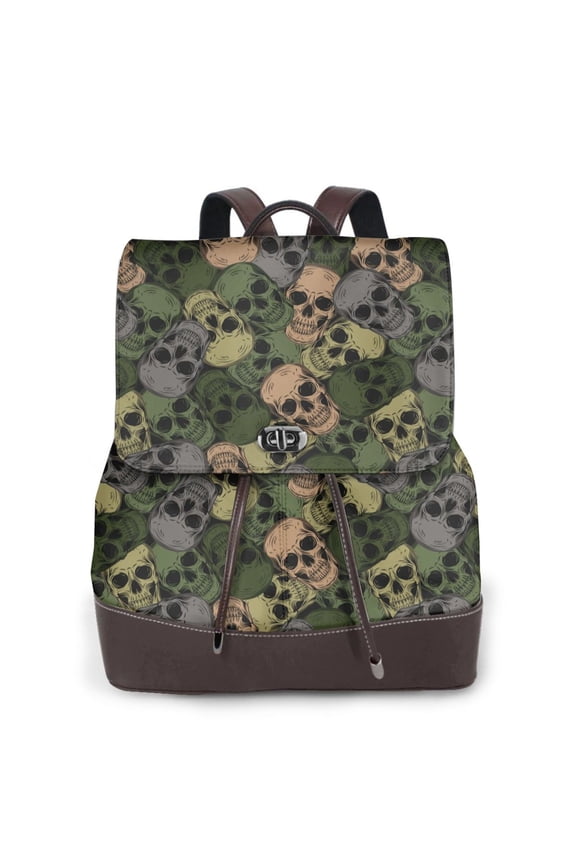 Camouflage Skulls for Womens Leather Backpack for School Travel Work or Casual Use with Zipper Pockets and Spacious Interior
