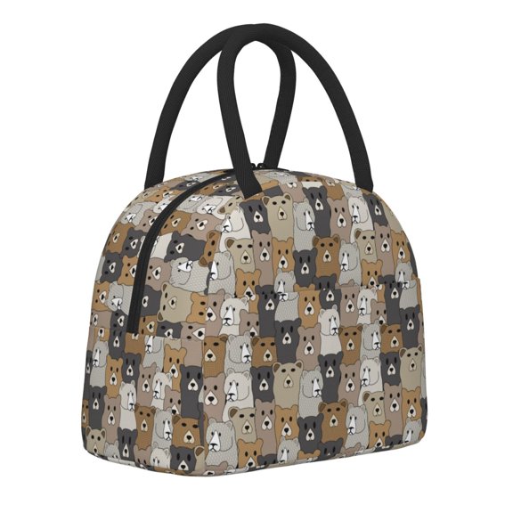Horeoi Cartoon Bear Pattern Large Insulated Lunch Bag for Work, School, Picnic - Waterproof, Durable Oxford Cloth, Comfortable Handle-Black