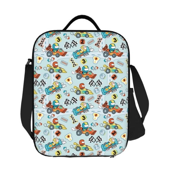 Horeoi Cartoon Car Racing Pattern Insulated Thermal Lunch Bag with Leakproof Compartments for Office School Picnic Reusable Oxford Tote