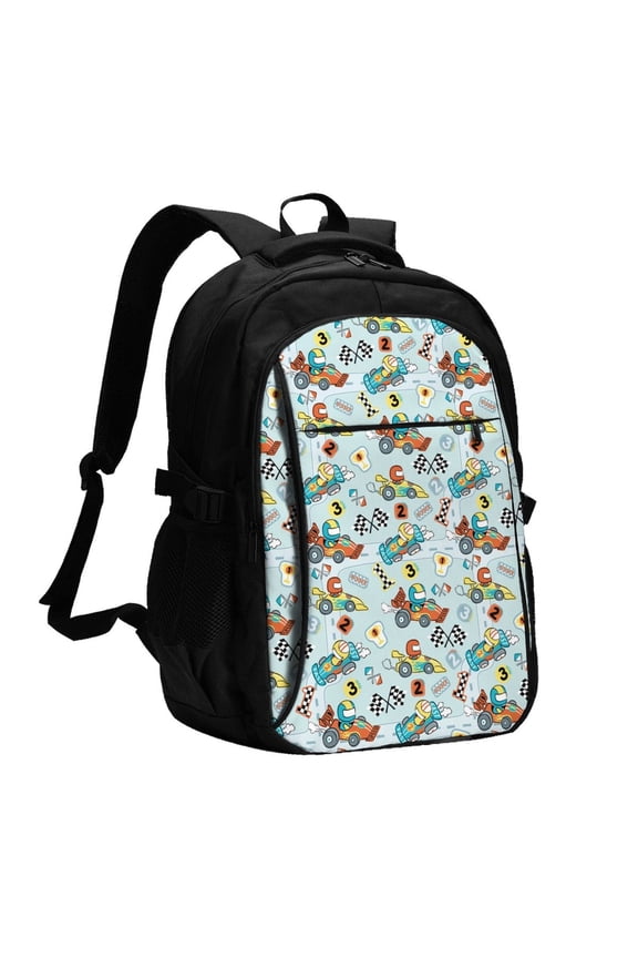 Cartoon Car Racing Print USB Backpack for Travel School Work with Laptop Compartment Charging Port and Anti-Theft Pocket