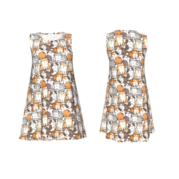 Horeoi Cartoon Cat 1 Print Women's Sleeveless Dress Cotton-like Flared Hem Deep Side Pockets Above-Knee