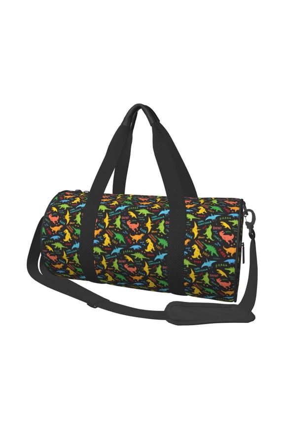 Cartoon Dino Print Foldable Travel Duffle Bag with Removable Strap - Water-Resistant Gym Vacation Luggage Multi-Pocket Design