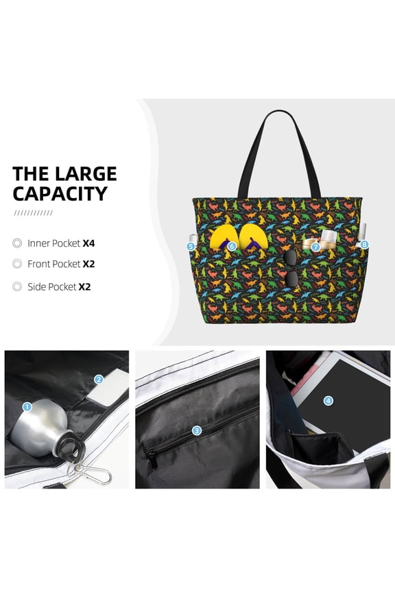 Cartoon Dino Print Large Capacity Beach Travel Bag Waterproof Polyester with Multiple Pockets for Beach Camping Gym
