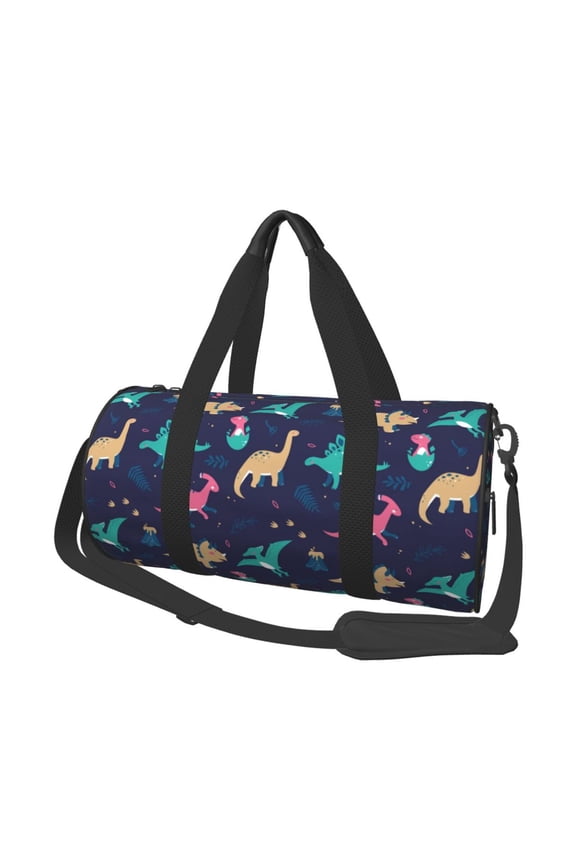 Cartoon Dinosaur Print Foldable Travel Duffle Bag with Removable Strap - Water-Resistant Gym Vacation Luggage Multi-Pocket Design