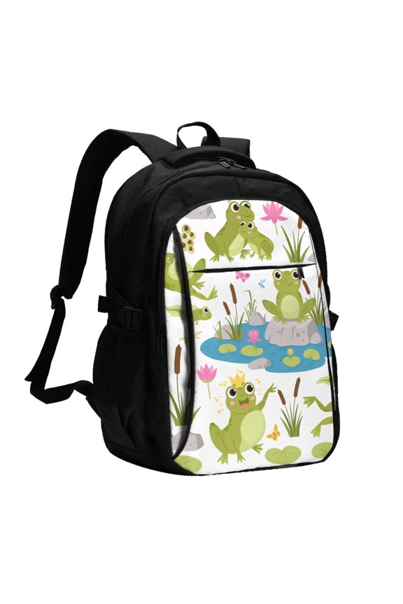 Cartoon Frogs Print USB Backpack for Travel School Work with Laptop Compartment Charging Port and Anti-Theft Pocket