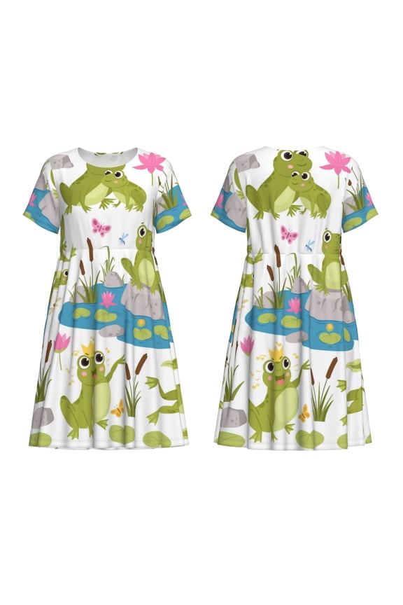 Cartoon Frogs Print Women's Short Sleeve Dress Breathable Polyester-Spandex All-Over Print A-Line Side Pockets Elastic Waist