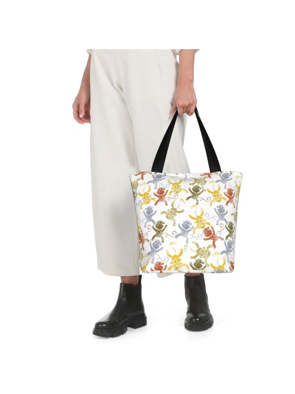Cartoon Monkey Print Shoulder Bag for Women Large Capacity Zipper Tote for Shopping Beach Travel Gym with Inner Pocket