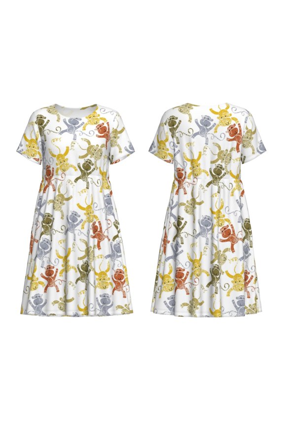 Cartoon Monkey Print Women's Short Sleeve Dress Breathable Polyester-Spandex All-Over Print A-Line Side Pockets Elastic Waist