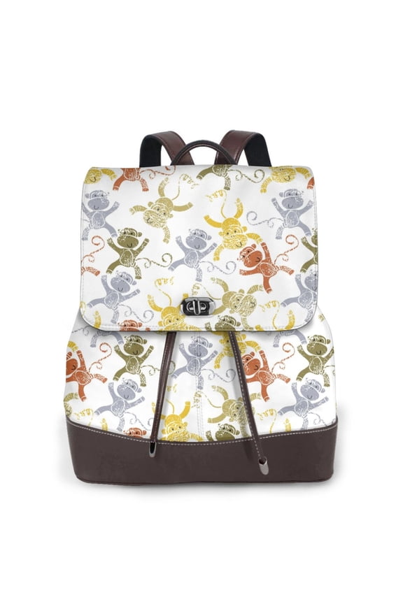 Cartoon Monkey for Womens Leather Backpack for School Travel Work or Casual Use with Zipper Pockets and Spacious Interior