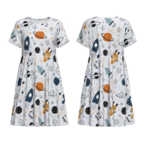 Horeoi Cartoon Planets Print Women's Short Sleeve Dress Breathable Polyester-Spandex All-Over Print A-Line Side Pockets Elastic Waist