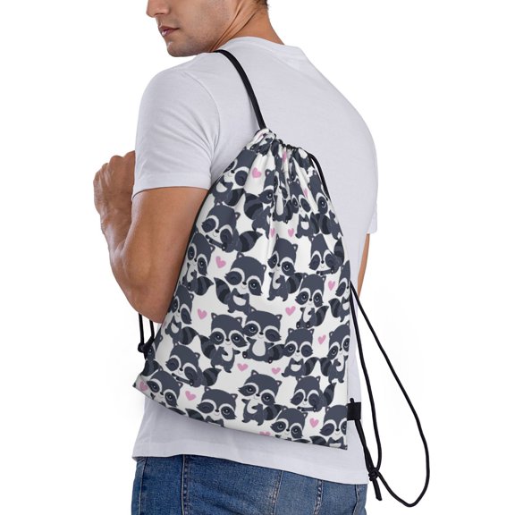 Horeoi Cartoon Raccoon Print Drawstring Bags for Gym Sports Yoga Travel Lightweight Foldable Sackpack for Men Women Teens