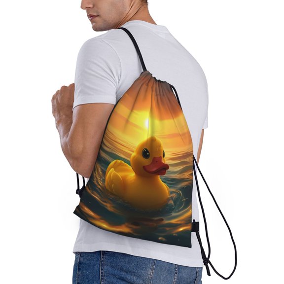 Horeoi Cartoon Swimming Yellow Duck Print Drawstring Bags for Gym Sports Yoga Travel Lightweight Foldable Sackpack for Men Women Teens