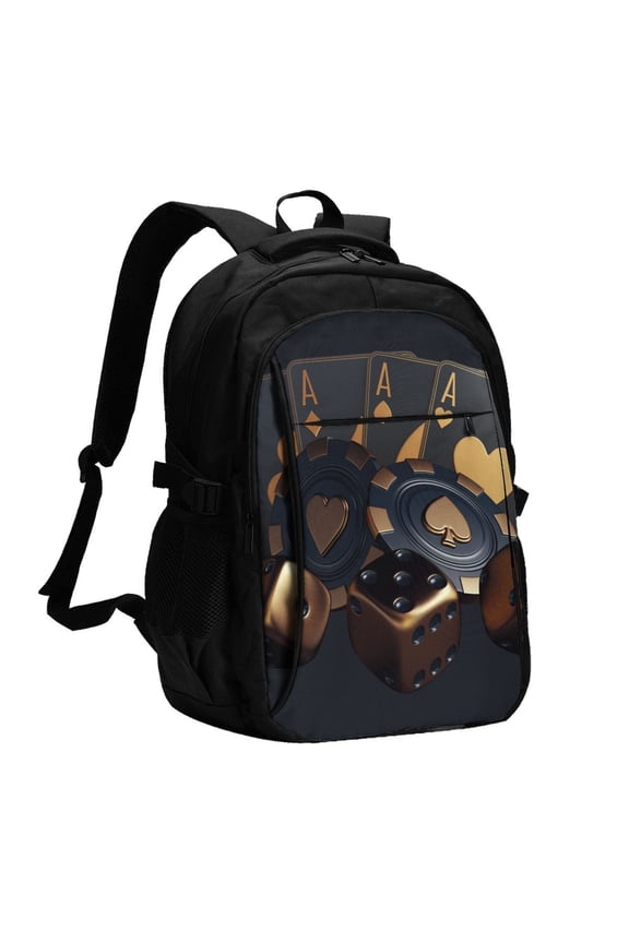 Casino Cards Poker Print USB Backpack for Travel School Work with Laptop Compartment Charging Port and Anti-Theft Pocket