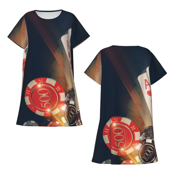 Horeoi Casino Poker Chips Print Women's Short-sleeved Nightdress Breathable Cotton-like Material Loose A-line Knee-length