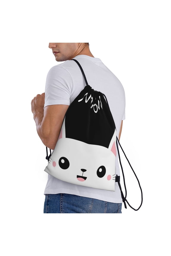 Cat Meow Print Drawstring Bags for Gym Sports Yoga Travel Lightweight Foldable Sackpack for Men Women Teens