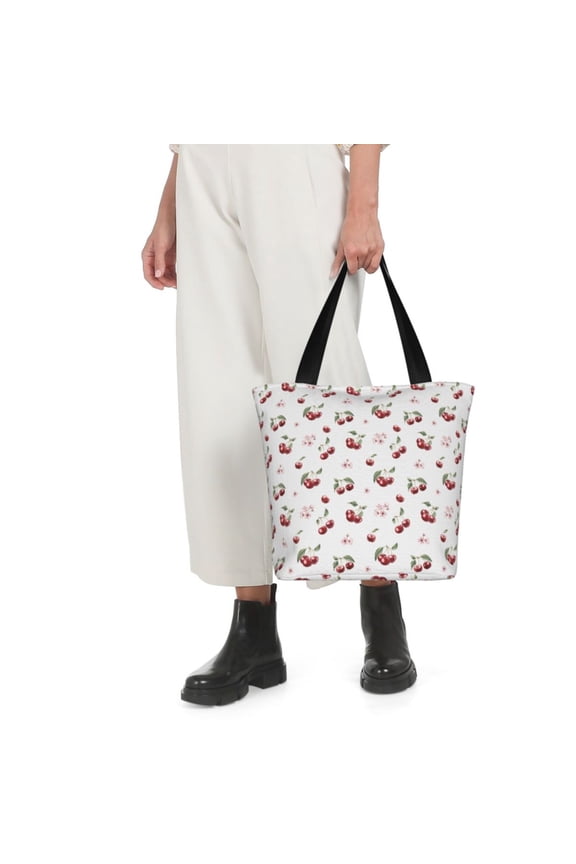 Cherry Berries Print Shoulder Bag for Women Large Capacity Zipper Tote for Shopping Beach Travel Gym with Inner Pocket
