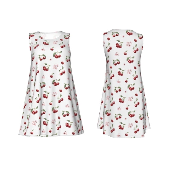 Horeoi Cherry Berries Print Women's Sleeveless Dress Cotton-like Flared Hem Deep Side Pockets Above-Knee