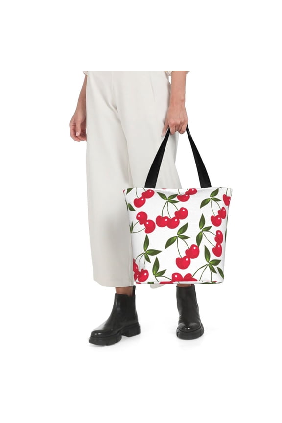 Cherry Print Shoulder Bag for Women Large Capacity Zipper Tote for Shopping Beach Travel Gym with Inner Pocket