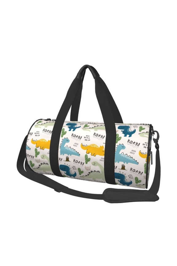 Childish Dinosaur Print Foldable Travel Duffle Bag with Removable Strap - Water-Resistant Gym Vacation Luggage Multi-Pocket Design