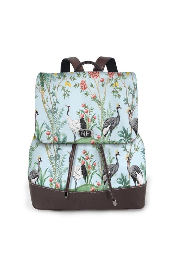 Chinoiserie Floral Palm Tree for Womens Leather Backpack for School Travel Work or Casual Use with Zipper Pockets and Spacious Interior