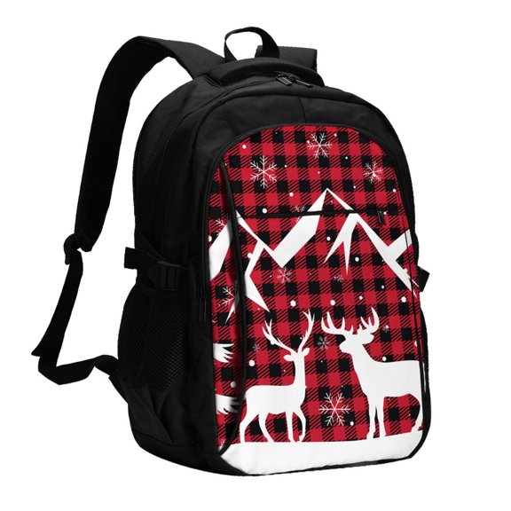 Horeoi Christmas Buffalo Plaid Print USB Backpack for Travel School Work with Laptop Compartment Charging Port and Anti-Theft Pocket