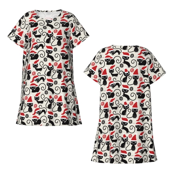 Horeoi Christmas Cat Print Women's Short-sleeved Nightdress Breathable Cotton-like Material Loose A-line Knee-length