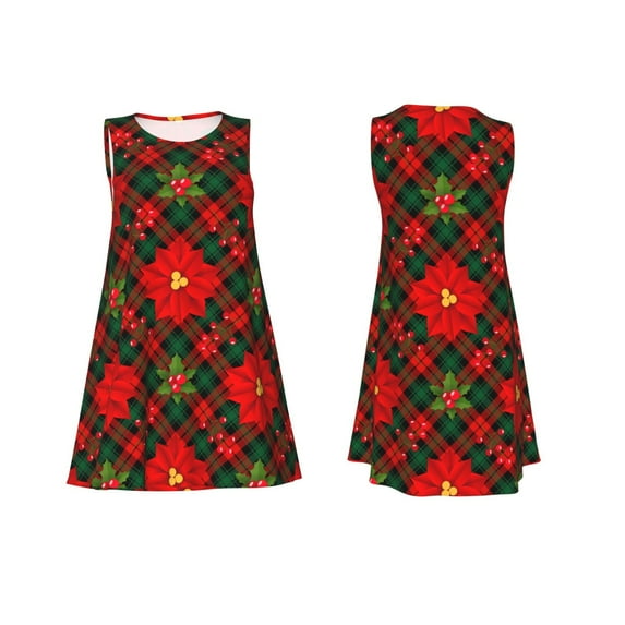 Horeoi Christmas Plaid Flower Print Women's Sleeveless Dress Cotton-like Flared Hem Deep Side Pockets Above-Knee