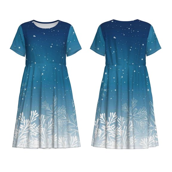 Horeoi Christmas Snowflakes Print Women's Short Sleeve Dress Breathable Polyester-Spandex All-Over Print A-Line Side Pockets Elastic Waist