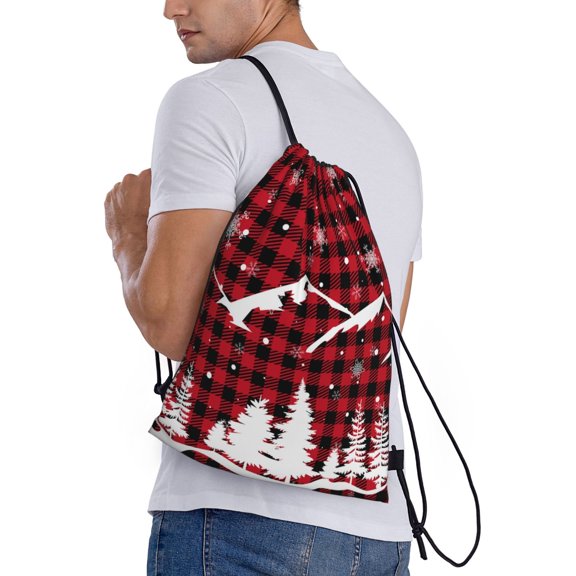 Horeoi Christmas Tree Buffalo Plaid Print Drawstring Bags for Gym Sports Yoga Travel Lightweight Foldable Sackpack for Men Women Teens