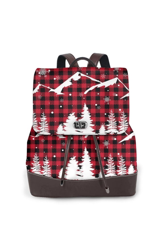 Christmas Tree Buffalo Plaid for Womens Leather Backpack for School Travel Work or Casual Use with Zipper Pockets and Spacious Interior
