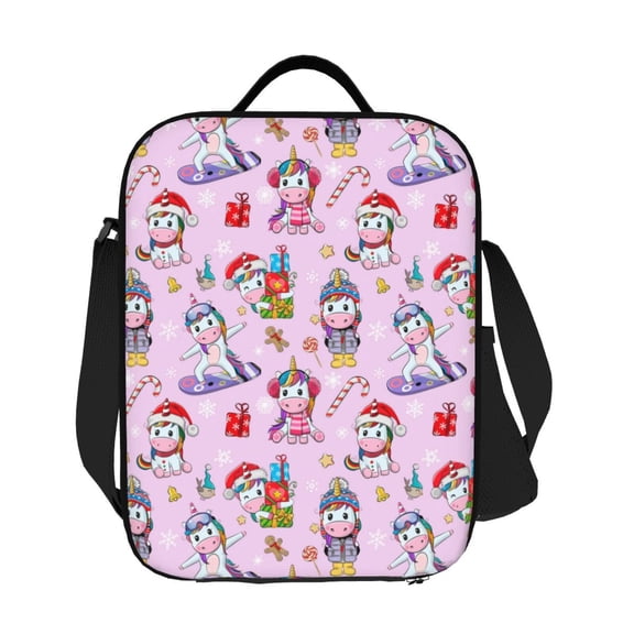 Horeoi Christmas Unicorns Pattern Insulated Thermal Lunch Bag with Leakproof Compartments for Office School Picnic Reusable Oxford Tote