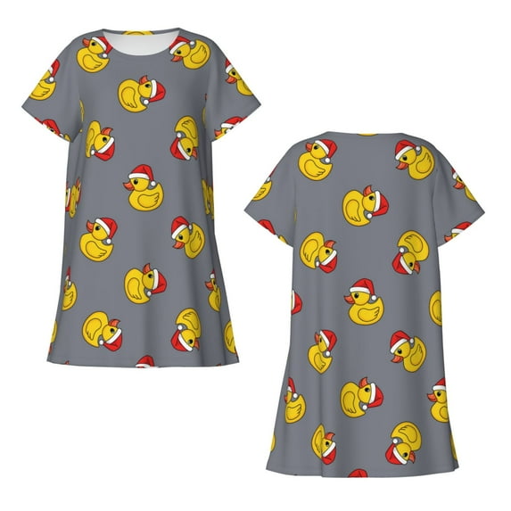 Horeoi Christmas hat duck Print Women's Short-sleeved Nightdress Breathable Cotton-like Material Loose A-line Knee-length