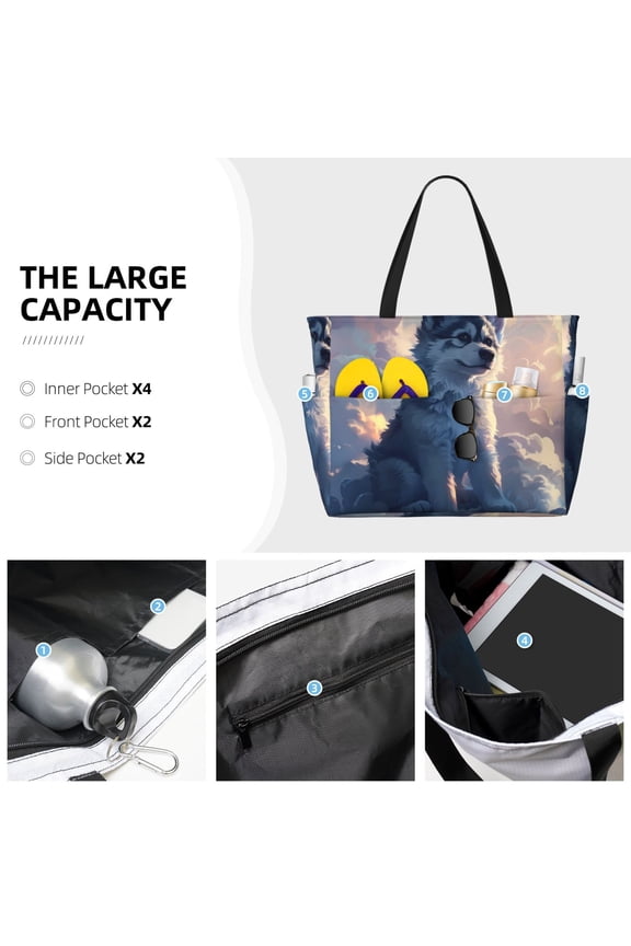 Cloud Wolf Print Large Capacity Beach Travel Bag Waterproof Polyester with Multiple Pockets for Beach Camping Gym