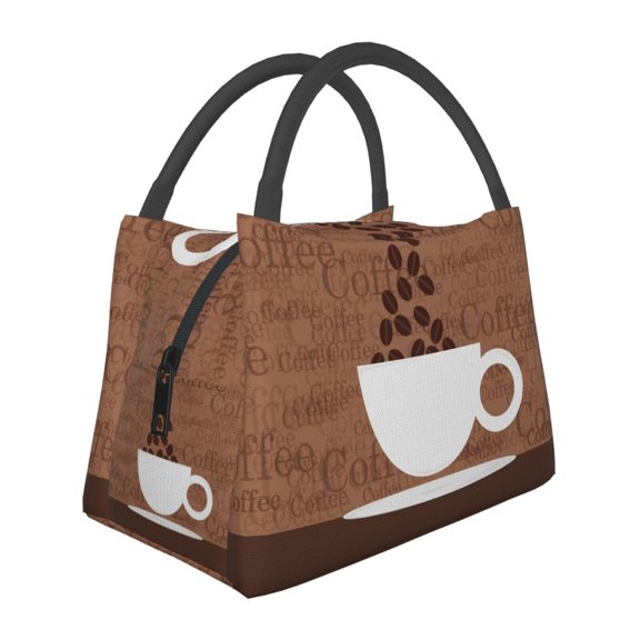 Horeoi Coffee Cafe Cup Pattern Portable Insulation Bag for Work Picnic Travel with Zipper and Handle Foldable Thermal Lunch Tote