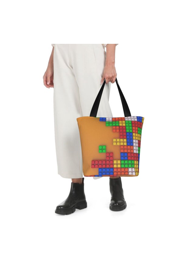 Colorful Building Blocks A Print Shoulder Bag for Women Large Capacity Zipper Tote for Shopping Beach Travel Gym with Inner Pocket