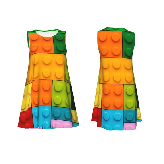 Horeoi Colorful Building Blocks Print Women's Sleeveless Dress Cotton-like Flared Hem Deep Side Pockets Above-Knee