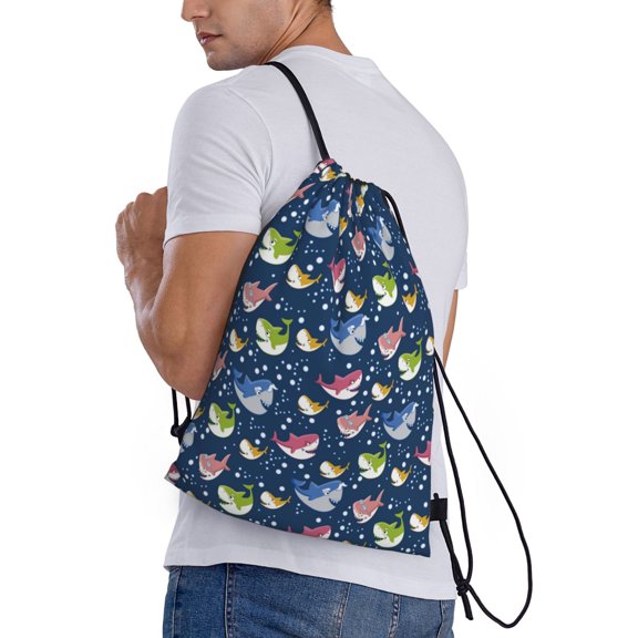 Horeoi Colorful Cartoon Shark Print Drawstring Bags for Gym Sports Yoga Travel Lightweight Foldable Sackpack for Men Women Teens