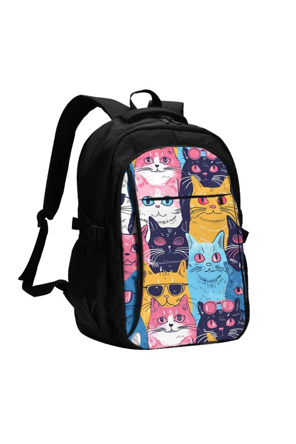 Colorful Cats Pattern Art Print USB Backpack for Travel School Work with Laptop Compartment Charging Port and Anti-Theft Pocket