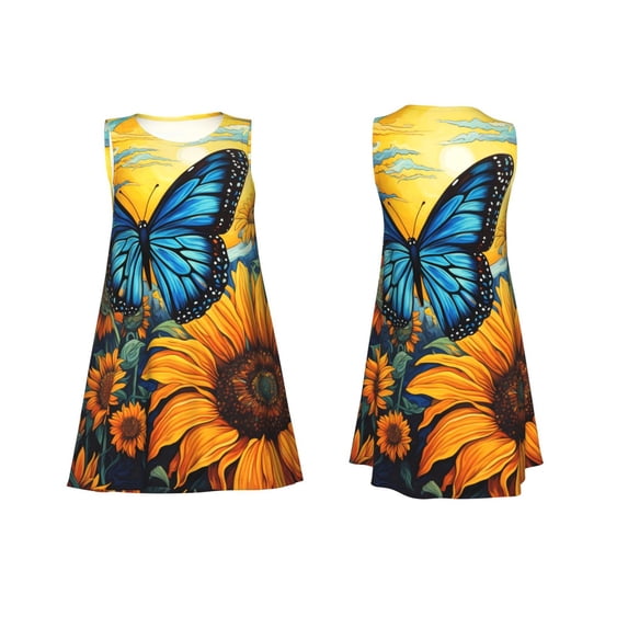 Horeoi Colorful Cloud Butterfly Sunflower Print Women's Sleeveless Dress Cotton-like Flared Hem Deep Side Pockets Above-Knee