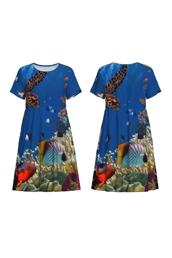 Colorful Coral Reef Print Women's Short Sleeve Dress Breathable Polyester-Spandex All-Over Print A-Line Side Pockets Elastic Waist