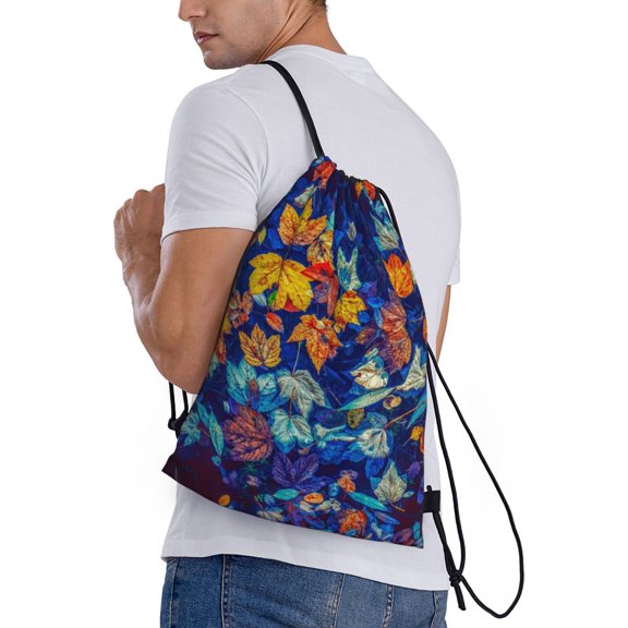 Horeoi Colorful Fall Leaves Print Drawstring Bags for Gym Sports Yoga Travel Lightweight Foldable Sackpack for Men Women Teens