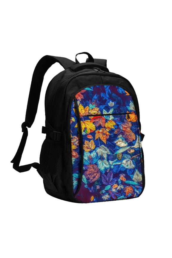 Colorful Fall Leaves Print USB Backpack for Travel School Work with Laptop Compartment Charging Port and Anti-Theft Pocket