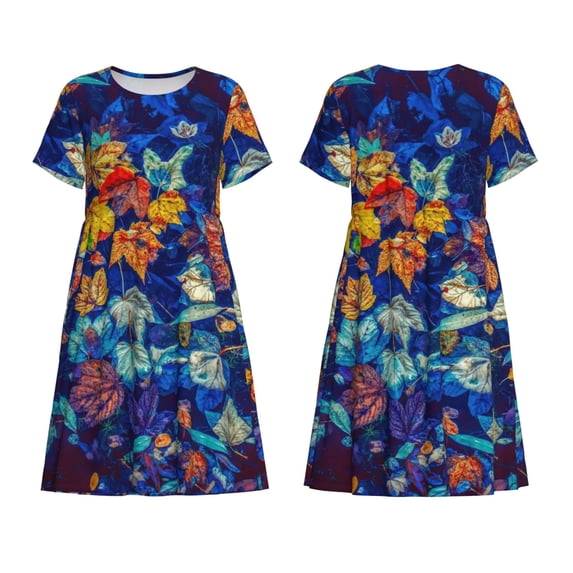 Horeoi Colorful Fall Leaves Print Women's Short Sleeve Dress Breathable Polyester-Spandex All-Over Print A-Line Side Pockets Elastic Waist