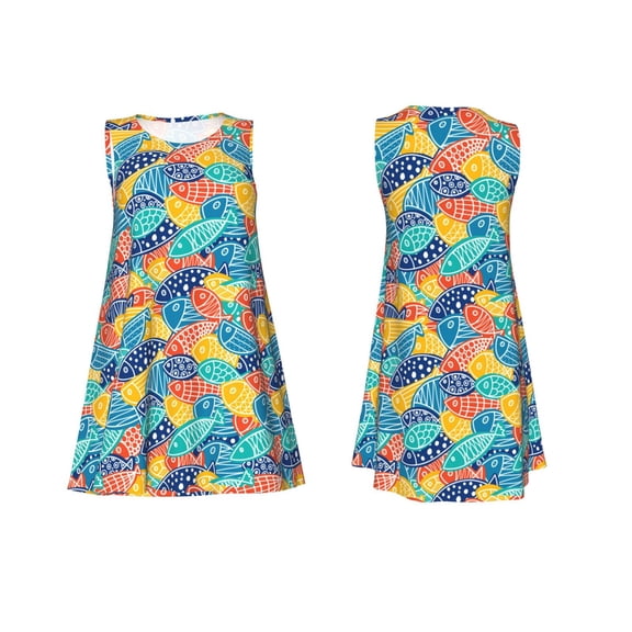 Horeoi Colorful Fish 1 Print Women's Sleeveless Dress Cotton-like Flared Hem Deep Side Pockets Above-Knee