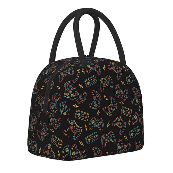 Horeoi Colorful Game Controller Pattern Large Insulated Lunch Bag for Work, School, Picnic - Waterproof, Durable Oxford Cloth, Comfortable Handle-Black