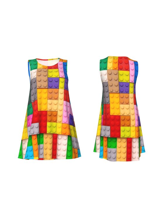 Colorful Plastic Blocks Pattern Print Women's Sleeveless Dress Cotton-like Flared Hem Deep Side Pockets Above-Knee