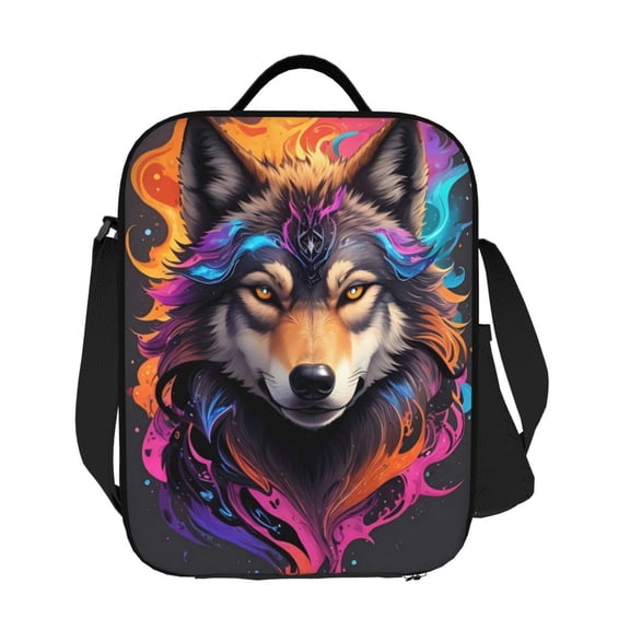 Horeoi Colorful Wolf Head Pattern Insulated Thermal Lunch Bag with Leakproof Compartments for Office School Picnic Reusable Oxford Tote