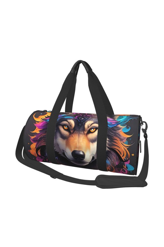 Colorful Wolf Head Print Foldable Travel Duffle Bag with Removable Strap - Water-Resistant Gym Vacation Luggage Multi-Pocket Design